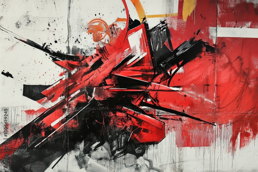 Poster an abstract art piece using bold red and black geometric designs with dynamic brushstrokes creating 