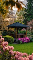 A serene garden gazebo surrounded by vibrant flowers and lush greenery, perfect for relaxation and outdoor gatherings.
