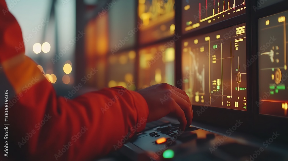 Aufkleber engineer’s hand on keyboard with wind turbine data screens
