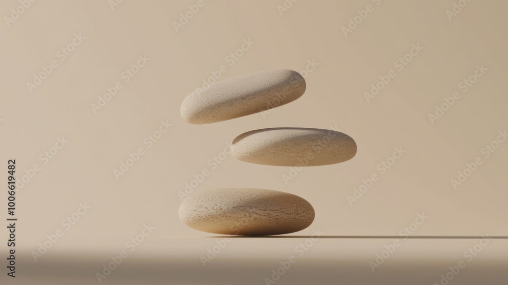 Poster three oval stones balancing on top of each other, creating harmony and balance on a neutral backgrou