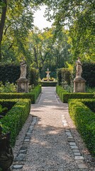 A serene garden path framed by lush greenery and elegant statues, inviting visitors to explore its tranquil beauty.