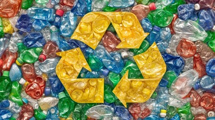 An environmental-themed image depicting a bright yellow recycling symbol on a backdrop of colorful plastic bottles.