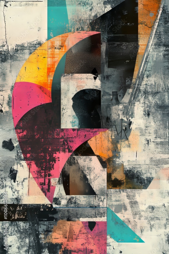 Aufkleber an abstract image with colorful geometric shapes and a distressed texture, creating a vivid modern a