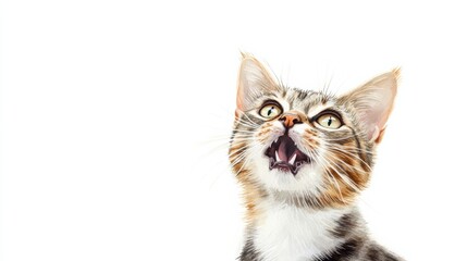 Obraz premium A cat meowing with mouth slightly open, realistic facial expression, best for marketing, isolated on white background