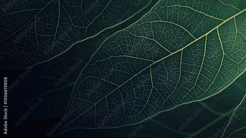 Poster green leaves are overlapping, creating an abstract nature background with a webbed pattern. the vein
