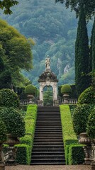A serene garden pathway leads to a charming archway, framed by lush greenery and elegant sculptures, evoking tranquility and beauty.