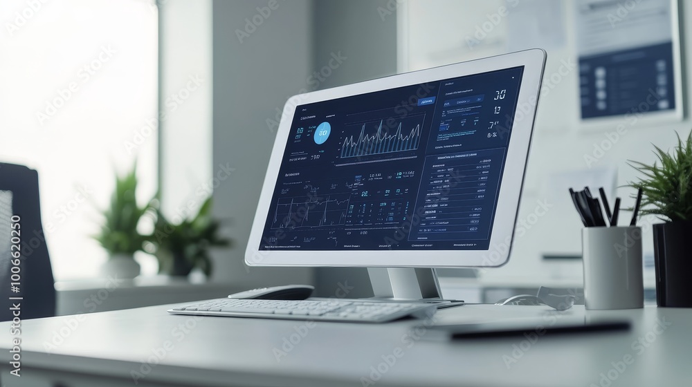 Poster this contemporary office scene features a sleek computer displaying digital analytics within a light