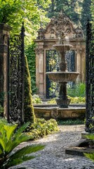 A serene garden scene featuring a beautiful fountain surrounded by lush greenery and elegant stone pathways.