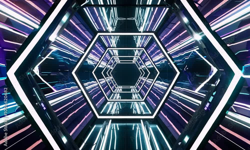 Poster A futuristic tunnel with glowing neon lights and a hexagonal pattern. The tunnel creates an illusion of depth and endlessness.