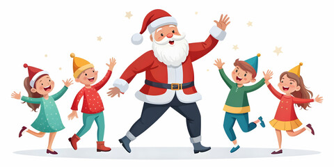 Flat Santa Joyfully Dancing with Children at Holiday Party - Fun Vector Illustration Capturing Festive Energy and Excitement