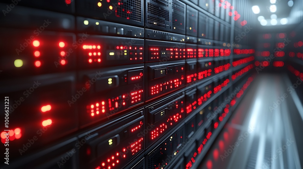 Poster server racks in modern data center. close up of server room hardware with red lights, data processin
