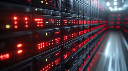 Server Racks In Modern Data Center.  Close up Of Server Room Hardware With Red Lights, Data Processing And Information Technology Concept.