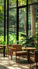 Obraz premium A serene indoor space with wooden chairs, natural light, and lush greenery, creating a tranquil atmosphere for relaxation or work.