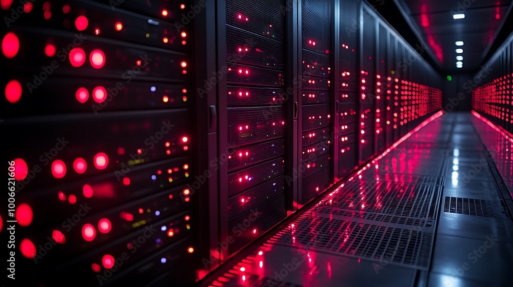 Poster red lights illuminate a server room with rows of powerful computer servers