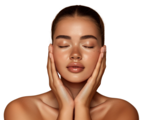 PNG A beautiful woman is massaging her face with both hands skin complexion expression.