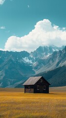 Obraz premium A serene landscape featuring a solitary house surrounded by vast meadows and majestic mountains under a clear blue sky.