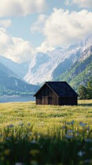 Fototapeta premium A serene landscape featuring a rustic wooden house nestled among lush green hills and majestic mountains under a clear blue sky.