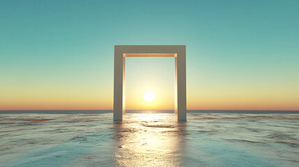 surreal scene featuring large, white rectangular arch standing in calm waters, with vibrant sunset illuminating horizon. tranquil atmosphere evokes sense of wonder and exploration