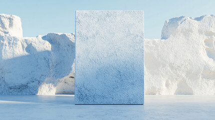 minimalist scene featuring large, textured white panel set against backdrop of rugged, icy terrain. serene atmosphere evokes sense of calm and tranquility