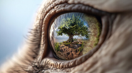 Obraz premium close up view of eye reflecting serene landscape with tree, symbolizing nature and tranquility. intricate details of eye enhance beauty of scene