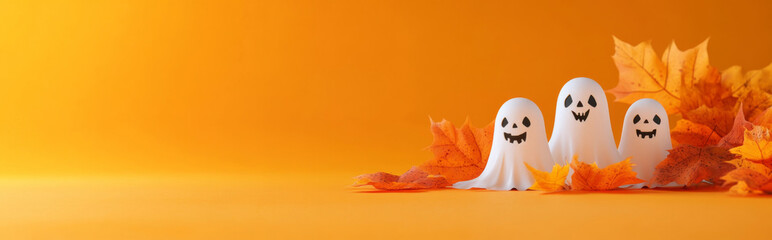 Obraz premium Cute white ghosts on minimalist color background with copy space