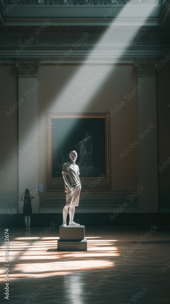 Poster a serene museum setting featuring a classical statue illuminated by soft rays of light, creating a t