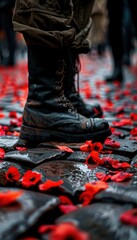 Obraz premium Soldier's Boots Among Fallen Poppy Petals on Cobblestone Street During Armistice Day Ceremony