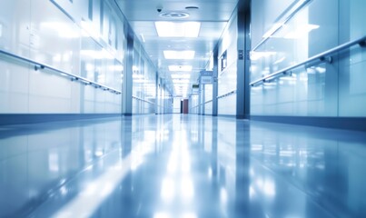 Fototapeta premium Empty hospital hallway with reflective floor and bright lighting. Clean and modern healthcare interior. Design for banner, wallpaper, and medical concept.