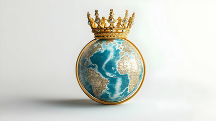 3D Globe and Crown Icon Floating on White Background - Symbolizing Global Leadership and Authority for Business Infographics and Presentations