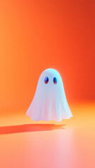 Cute white ghosts on minimalist color background with copy space