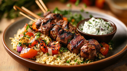 Fototapeta premium Grilled kebabs served with couscous and yogurt dip