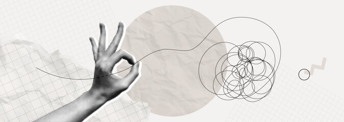 Trendy Halftone Collage Simplify complex process. Hand untangle messy line. Tangle chaos. Easy solution. Mental problem. Brain imagination. Contemporary vector illustration art © accogliente