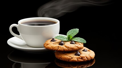A tempting display of fresh chocolate chip cookies stacked beside a glass of coffee and garnished with mint leaves, all set against a sleek black background