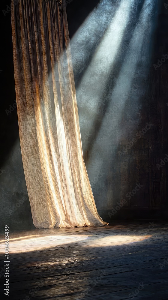 Poster a serene scene featuring soft light streaming through curtains, creating an atmosphere of tranquilit