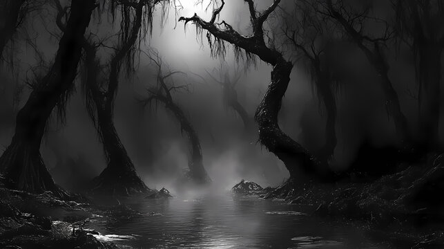 A shadowy, eerie swamp with dark water and twisted trees to depict worry and sin. Eerie Swamp. Illustration