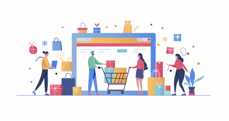 Fototapeta premium E-commerce holiday shopping experience depicted with busy shoppers.