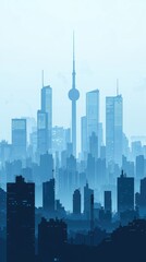 A serene skyline silhouette featuring skyscrapers and a prominent tower, bathed in shades of blue, evoking a tranquil atmosphere.