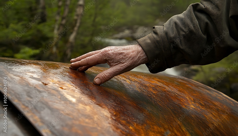 Poster engineer touching metallic surface of dam with water turbine behind