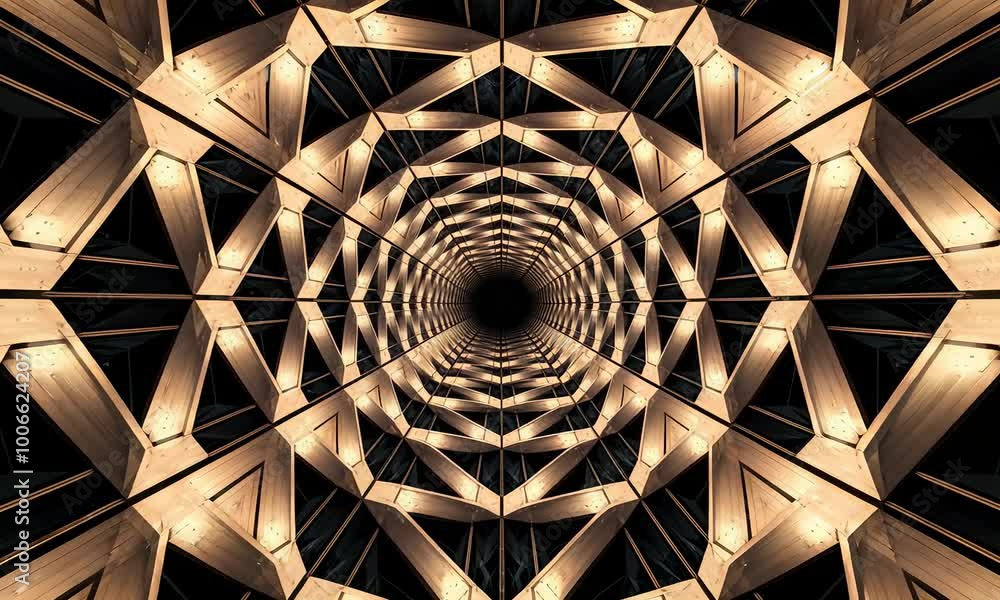 Poster a mesmerizing wooden tunnel with glowing lights, creating a sense of depth and endlessness.