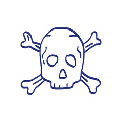 Skeleton with bones. Pirate item sketch. Doodle hand drawn illustration. Vector icon. Blue pen or marker drawing. Primitive kids picture