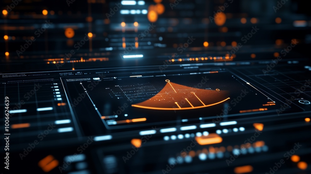 Poster a high-tech interface displaying futuristic data analytics with glowing orange highlights on a sleek