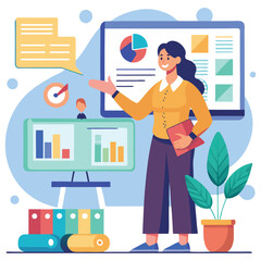 Vector of a Teacher Giving a Presentation in Front of a Projector, Pointing at Slides With Educational Content. Vector art Illustraion 