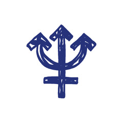 Neptune planet symbol pictogram. Horoscope vector sign. Hand drawn sketch. Blue pen or marker drawing. Primitive kids picture