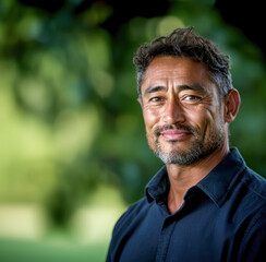 A man smiling confidently in a lush green park during a sunny day.