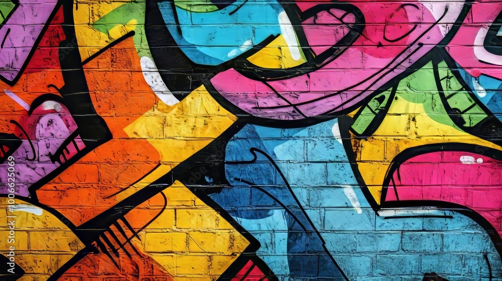 Poster a dynamic display of colorful graffiti art with intertwining patterns and shapes painted on an urban