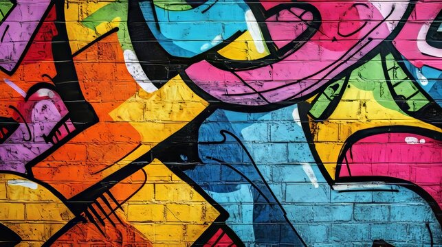 A dynamic display of colorful graffiti art with intertwining patterns and shapes painted on an urban brick wall.