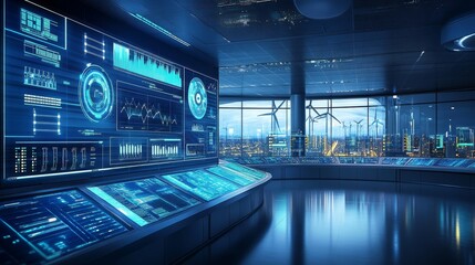 A cutting-edge control room with illuminated blue displays, overlooking a city skyline with wind turbines and technology.