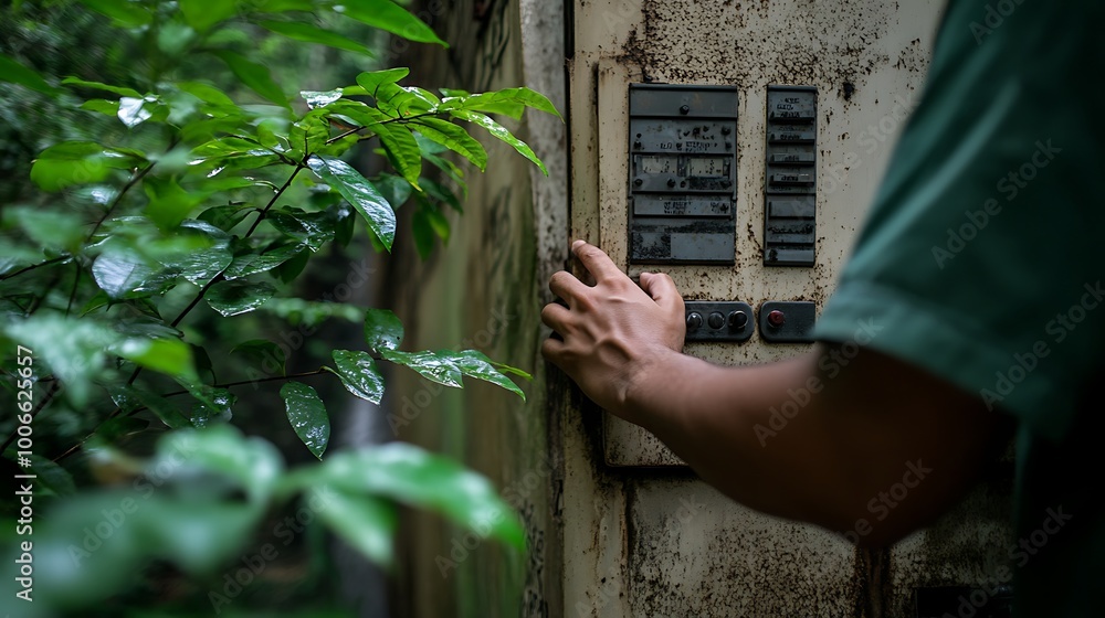 Poster engineer adjusting gauge on water turbine with forest backdrop