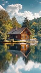 Fototapeta premium A serene wooden house reflected in calm waters, surrounded by lush trees under a bright blue sky with fluffy clouds.