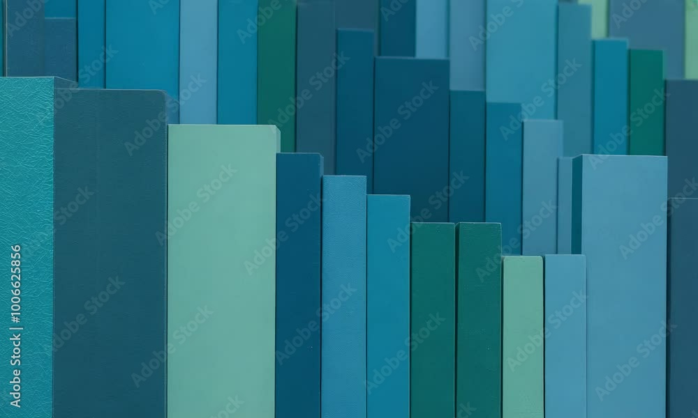 Poster a close-up abstract image of vertical wooden bars in various shades of blue and green, creating a se